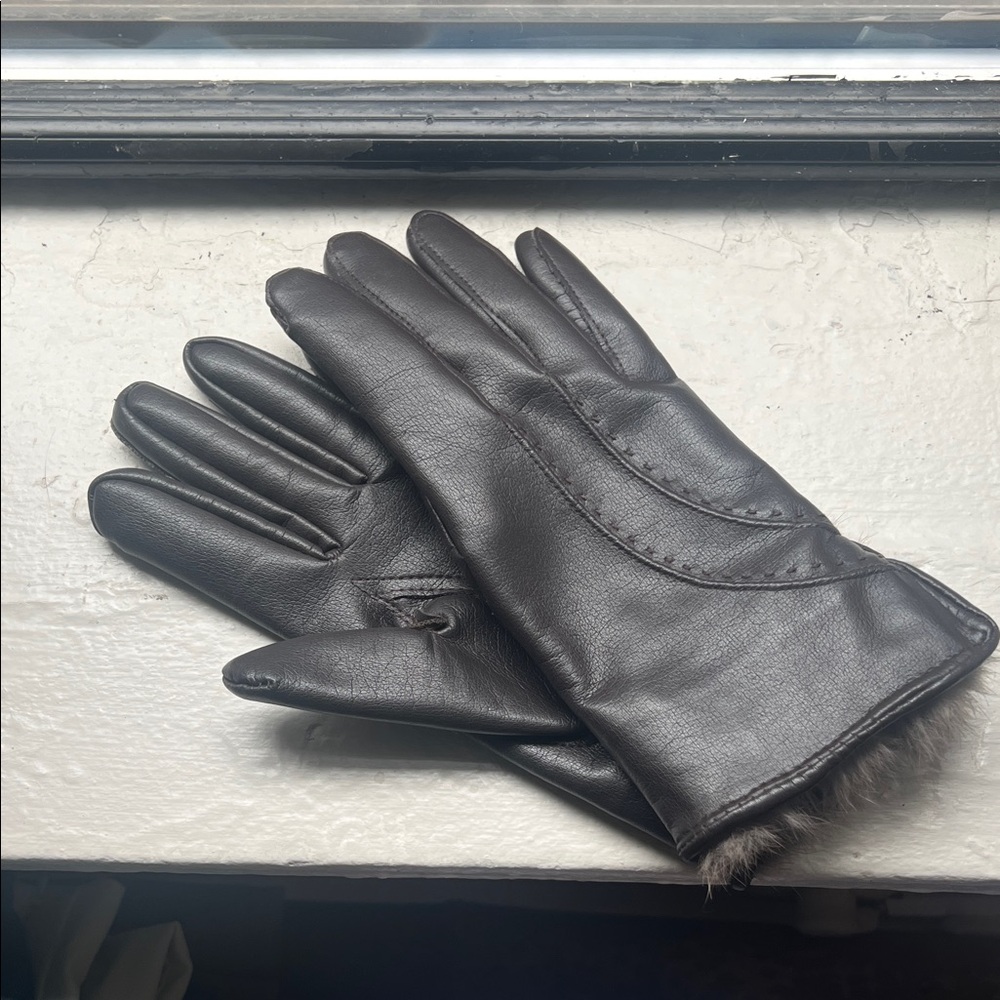 Dark Brown Rabbit Fur Trim Faux Leather Gloves